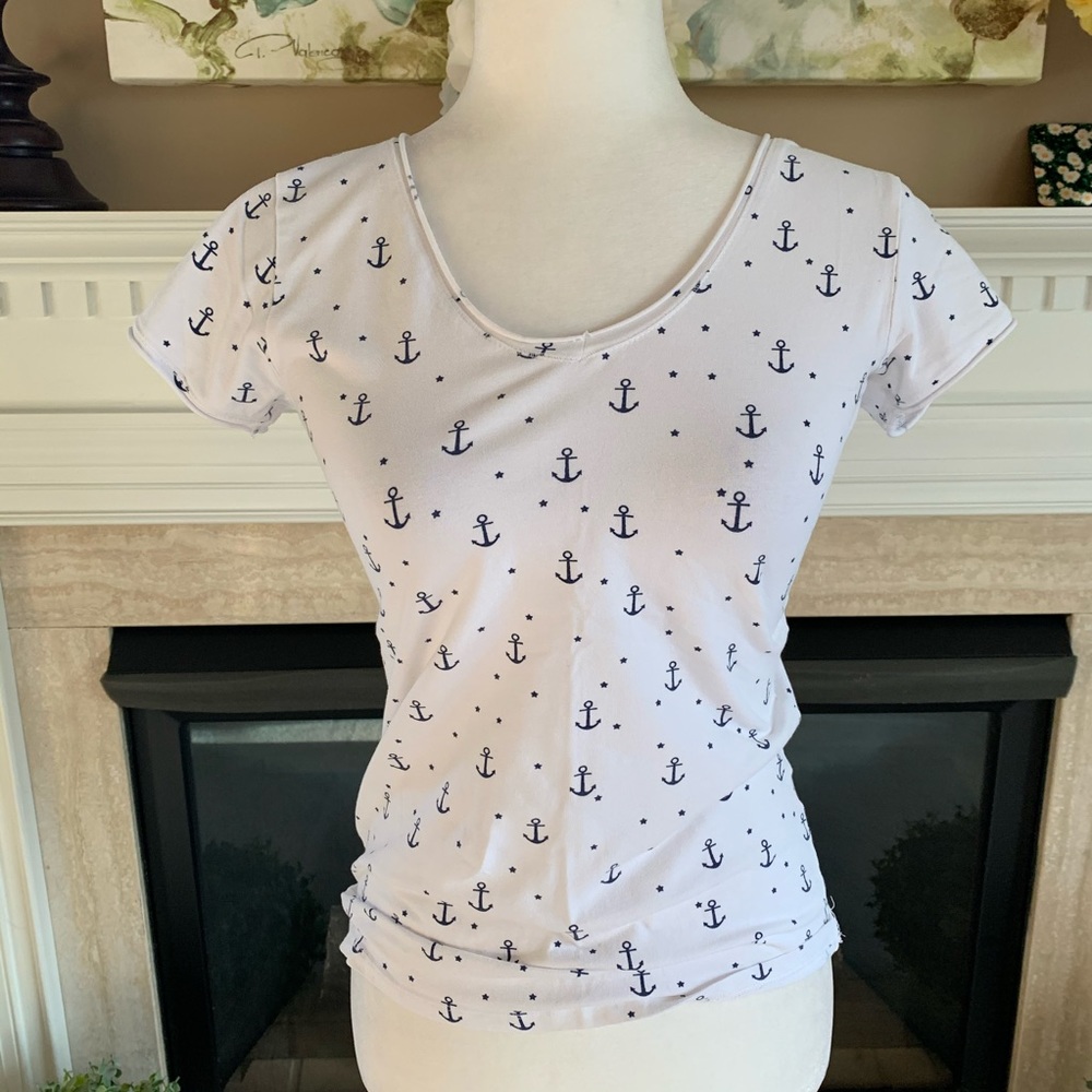 Zara TRF White Anchor Graphic Shirt Junior Large Nautical Long Sleeve Top